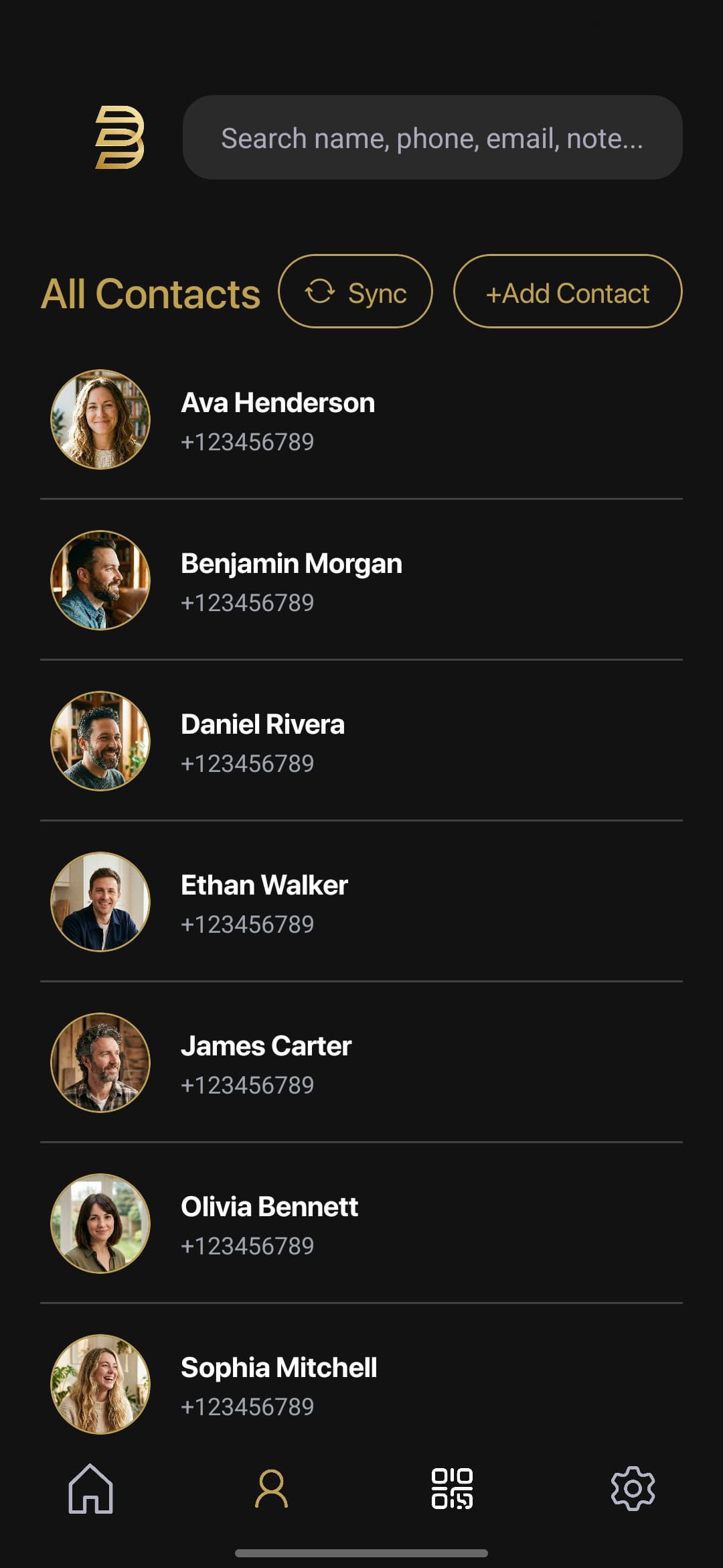 Bondigo app showing organized contact list with search functionality and AI-powered insights